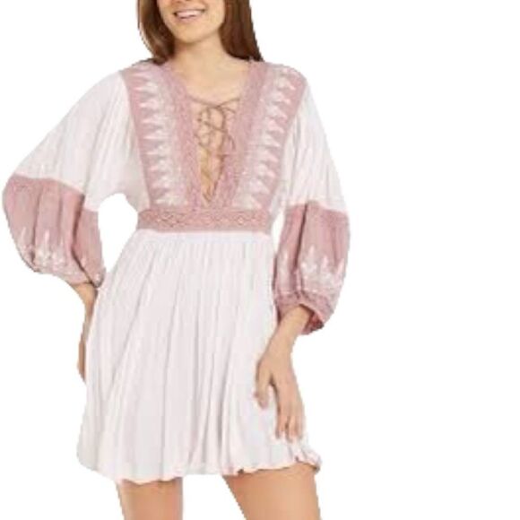 Free People Turn Heads Embroidered Lace-Trim Mini Dress in the Size Large - Picture 5 of 13